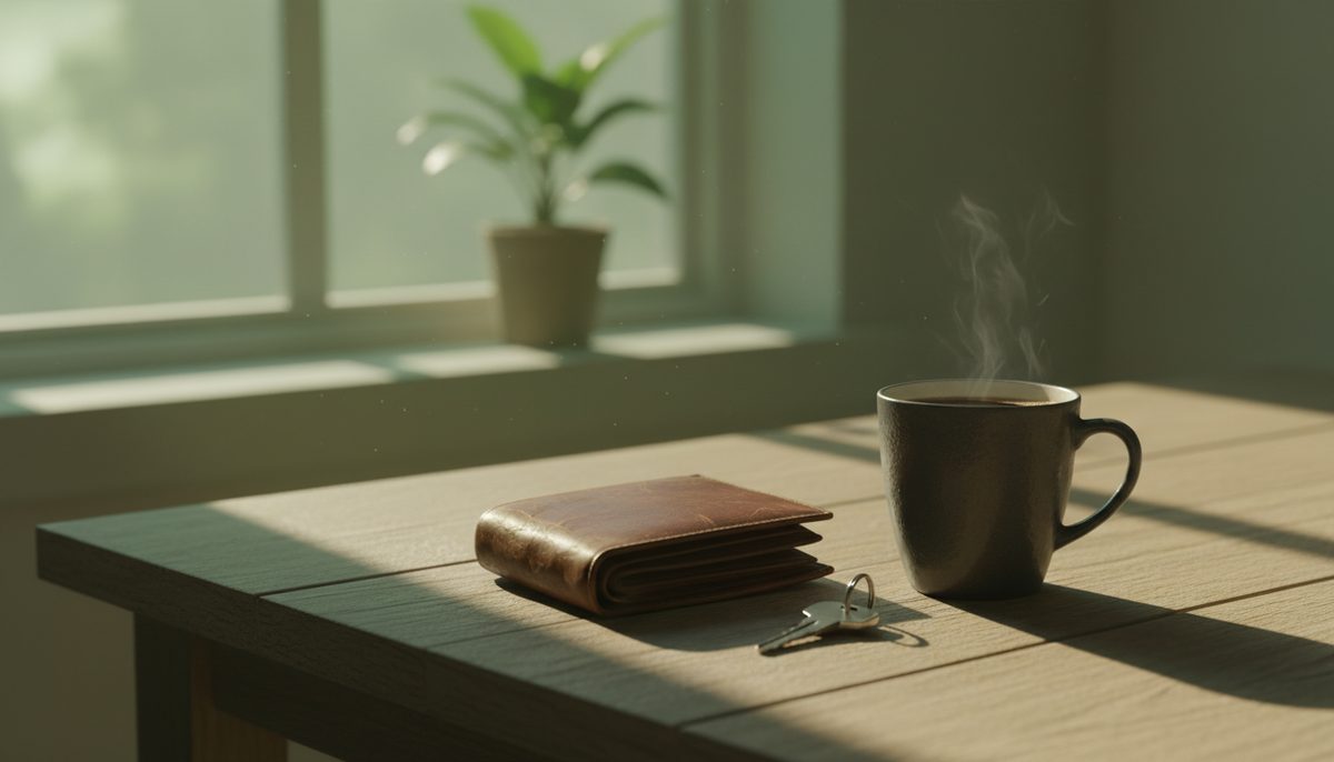 A worn leather wallet, a single car key and a mug of coffee on a kitchen table in soft morning light