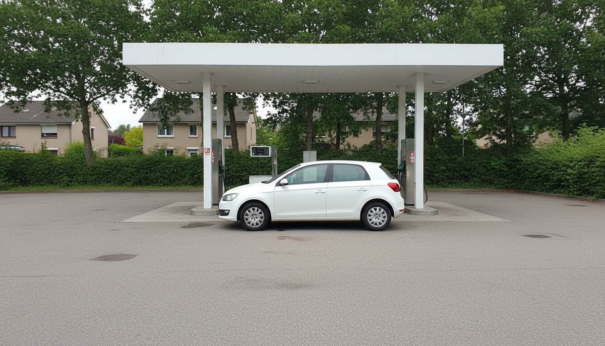 A small compact hatchback at a modest neighborhood fuel station